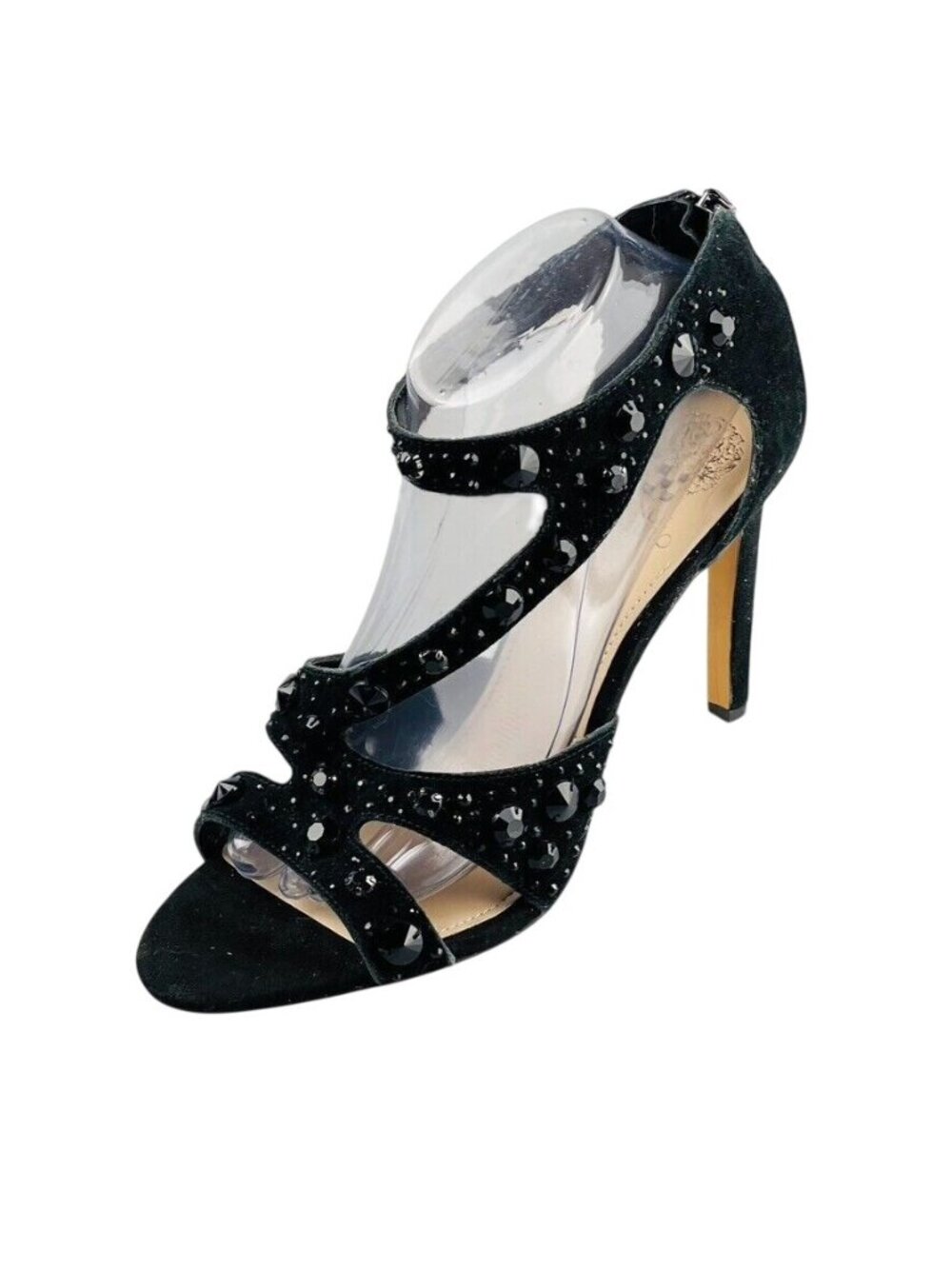 Vince Camuto Black Strappy Rhinestone Suede Heels With Back Zipper Closure - - Picture 12 of 14